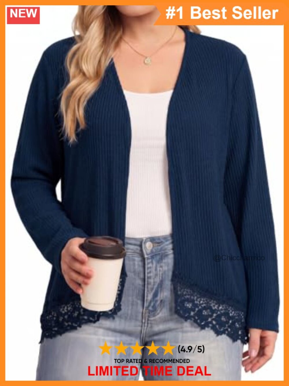 Plus Size Ribbed Knit Lace Hem Open Front Cardigan Long Sleeve